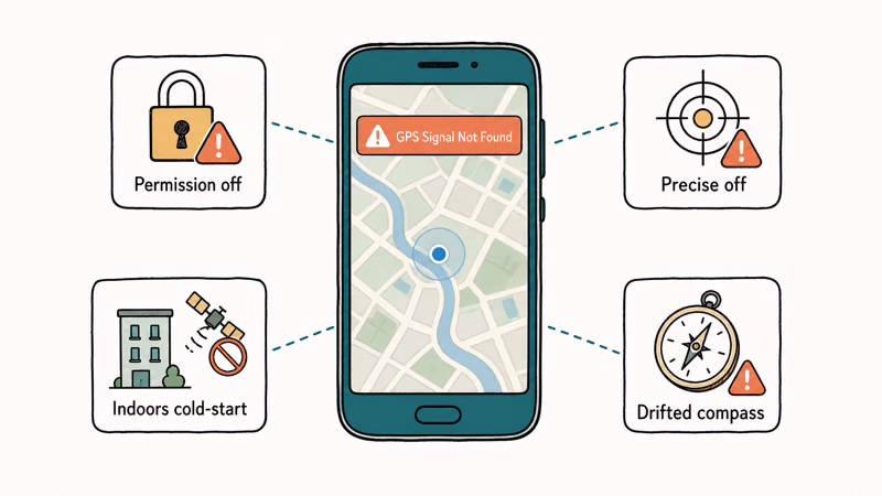 Hand-drawn phone showing Pokemon GO GPS overlay with four labeled root cause cards around it