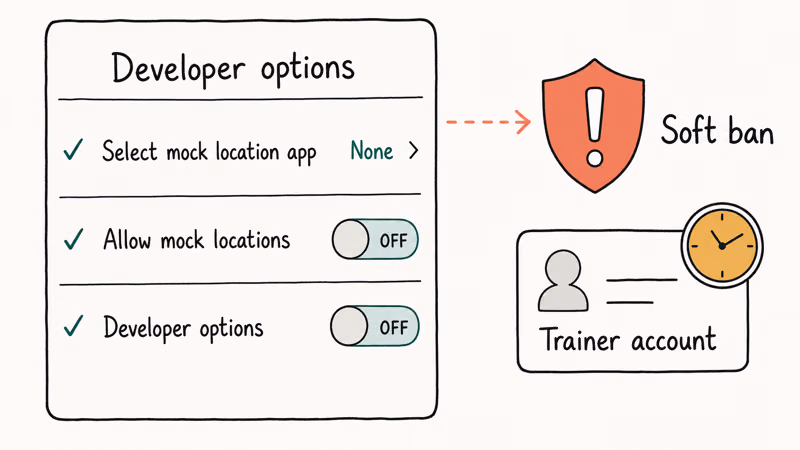 Hand-drawn Android developer options panel with mock location off beside a coral warning shield