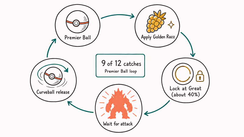 Circular workflow showing Premier Ball, Golden Razz, ring lock, and Curveball raid release.