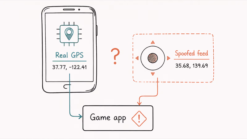 Two layer diagram showing real GPS coordinates versus spoofed joystick coordinates flowing into the game app