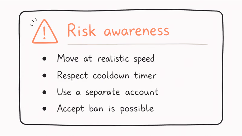 Risk awareness callout panel listing realistic speed cooldown timer account separation and accept ban risk items