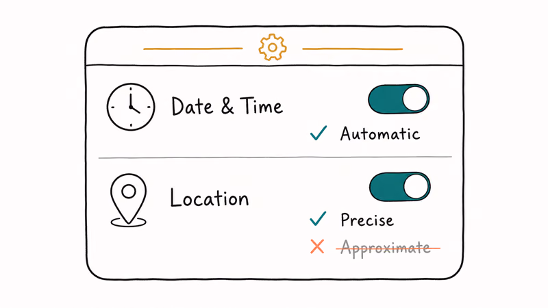 Phone settings showing automatic date and time with precise location permission enabled
