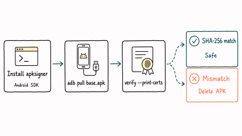 Four step apksigner verification flowchart pulling APK and comparing certificate fingerprints on desktop