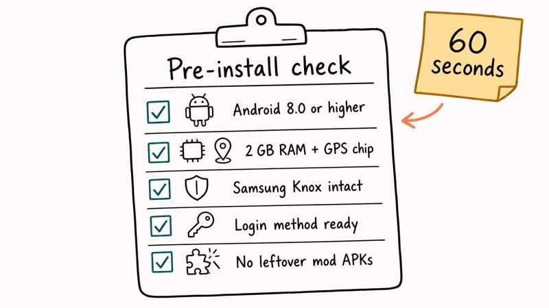 Pre install checklist showing Android version RAM GPS Knox status and account login readiness