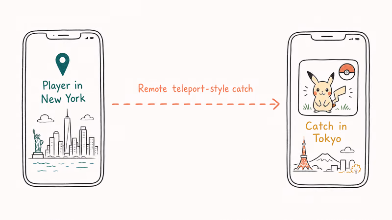Two phones connected by dashed arrow showing a player in one city catching a Pokemon located in a