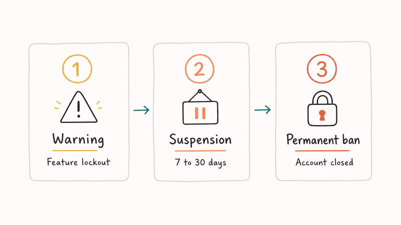 Three step ladder of escalating Niantic strike penalties for sniping including warning suspension and permanent ban