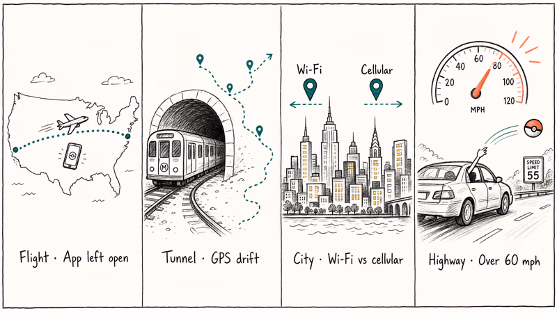 Four soft ban triggers: airplane flight, subway tunnel, city geolocation conflict, and highway speed driving
