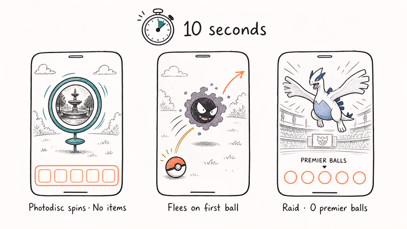 Three diagnostic symptoms confirming a Pokemon GO soft ban in ten seconds, shown as checklist