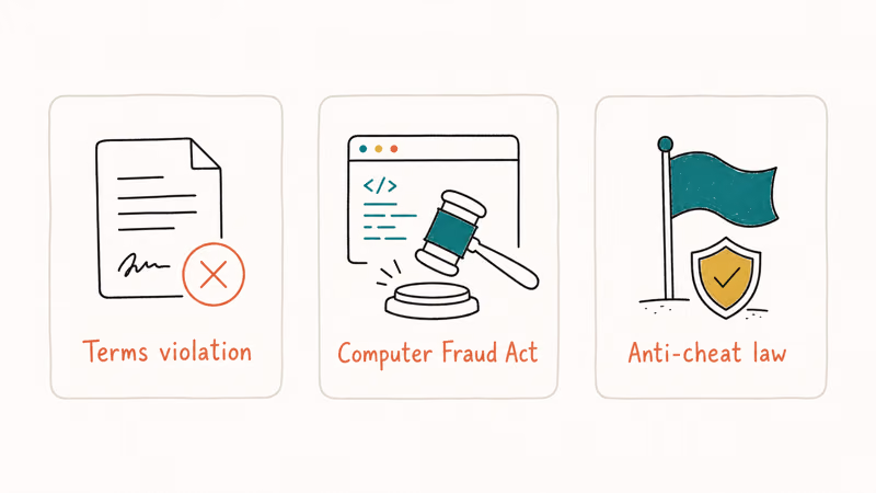 Three legal risk cards showing terms violation computer fraud exposure and country anti cheat law for spoofing