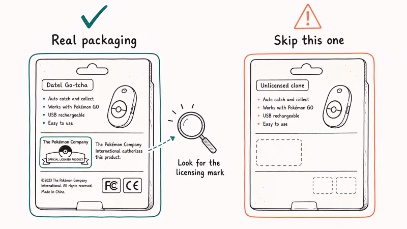 Side-by-side hand-drawn packaging comparison showing licensed Datel Go-tcha versus unlicensed clone warning signs