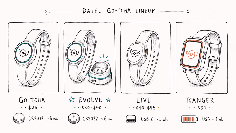 Hand-drawn comparison of four Datel Go-tcha variants showing price, battery type, and wear style differences