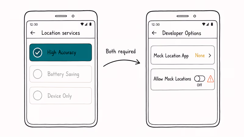 Android Settings panels showing high accuracy location mode and mock location toggle disabled