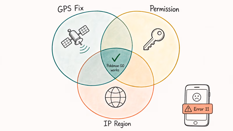 Three circles showing GPS fix, location permission, and IP match for Pokemon GO