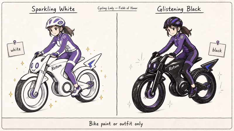 Side-by-side hand-drawn comparison of sparkling white and glistening black Isle of Armor bike outfits.
