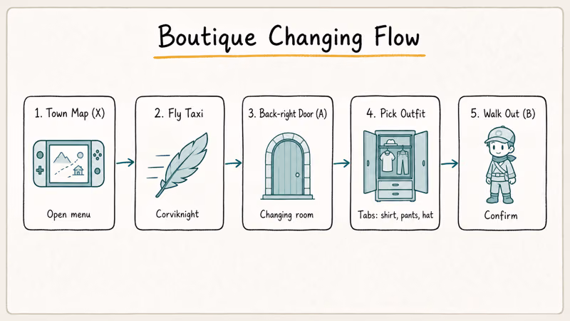Five-step hand-drawn flow showing how to fly, walk, and enter the boutique changing room.