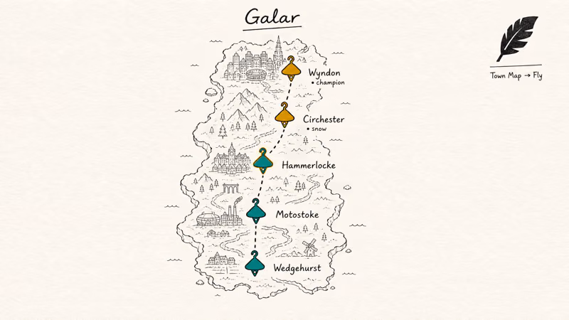 Hand-drawn map of Galar showing Wedgehurst, Motostoke, Hammerlocke, Circhester, and Wyndon boutique locations.