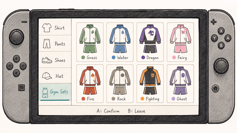 Wardrobe menu illustration showing Gym replica uniform tab with eight type-themed outfit thumbnails.