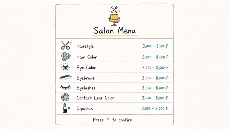 Hand-drawn salon menu showing seven customization services with Pokedollar price range labels.