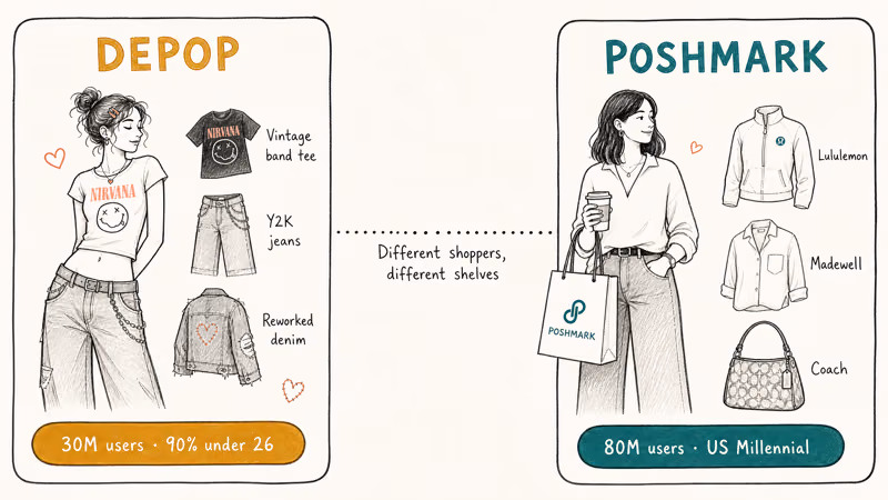 Side-by-side persona cards showing Depop Gen Z vintage shoppers and Poshmark Millennial mainstream brand shoppers