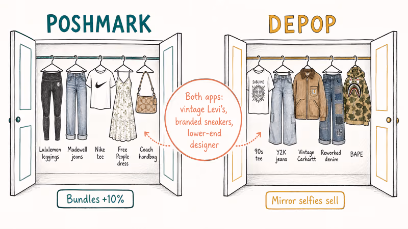 Two closet doors showing Poshmark and Depop category winners with overlap zone