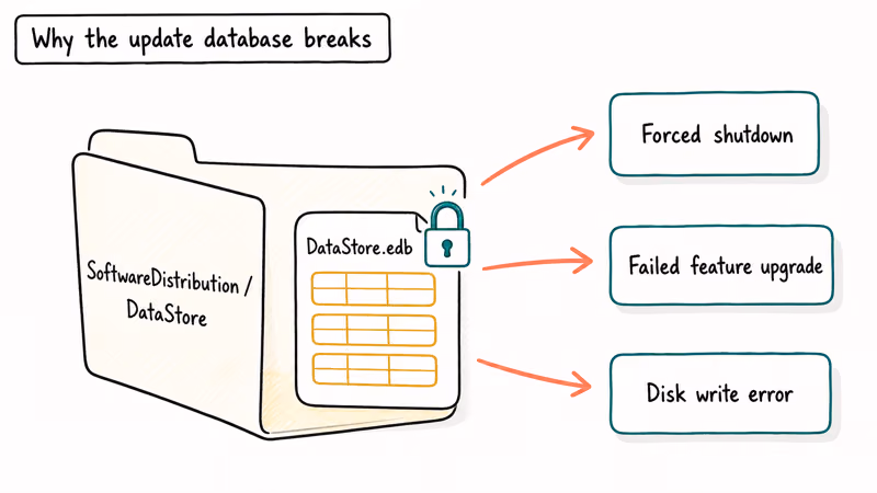 Diagram of Windows SoftwareDistribution DataStore file with three labeled root causes of update database errors.