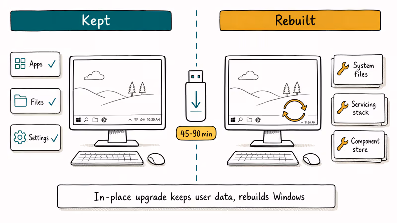 PC repair install diagram keeping apps, files, and settings while rebuilding Windows.