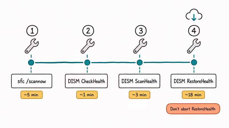 Timeline showing sfc scannow followed by three DISM repair steps.