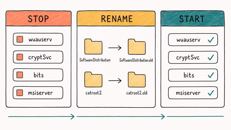 Three column flow showing stop services, rename SoftwareDistribution and catroot2 folders, then restart services.
