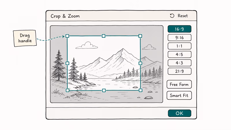 PowerDirector Crop and Zoom designer with corner handles and aspect ratio dropdown