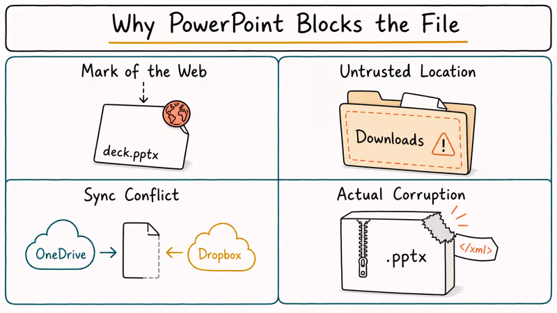 Hand-drawn diagram showing four PowerPoint error triggers: web download, untrusted folder, sync conflict, file corruption.
