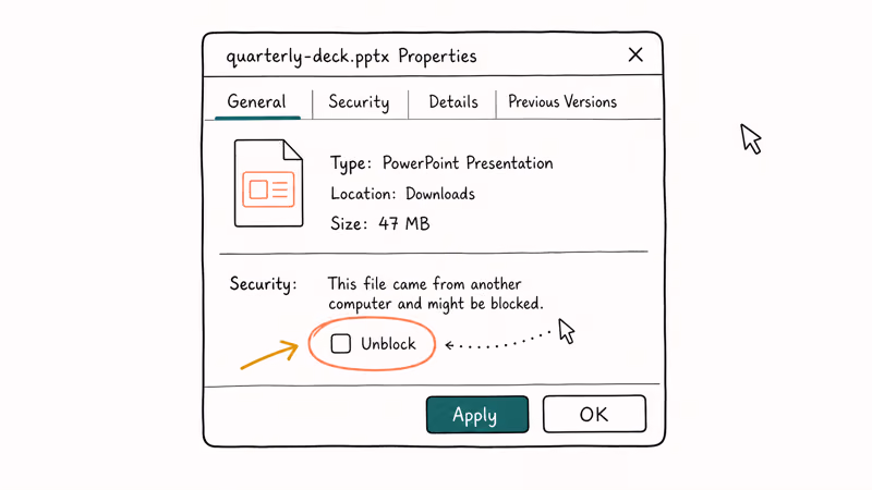 Illustration of Windows file properties dialog with Unblock checkbox highlighted to clear PowerPoint security block.