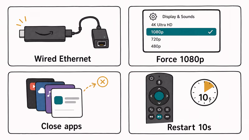 Four Firestick tips for smooth PPV streaming including Ethernet 1080p restart and close apps
