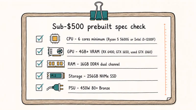 Clipboard checklist for CPU, GPU, RAM, storage, and power supply minimums.