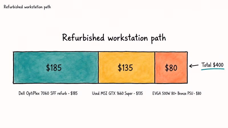 Cost bar for refurbished Dell workstation, used GPU, and PSU upgrade.