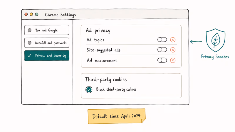 Chrome Ad privacy panel with Topics, ad suggestions, measurement, and cookies blocked