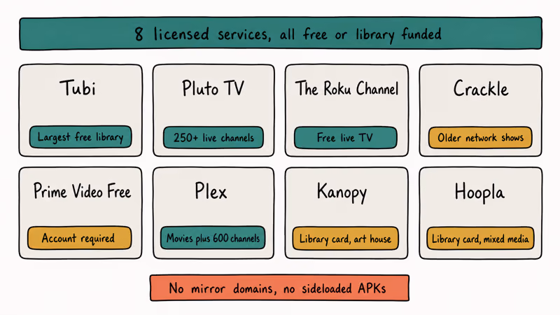 Eight service tile grid for Tubi Pluto Roku Crackle Prime Video Plex Kanopy Hoopla