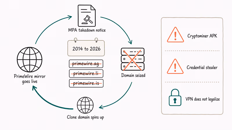 Diagram of PrimeWire takedown loop with seized domains and sideload risk callouts