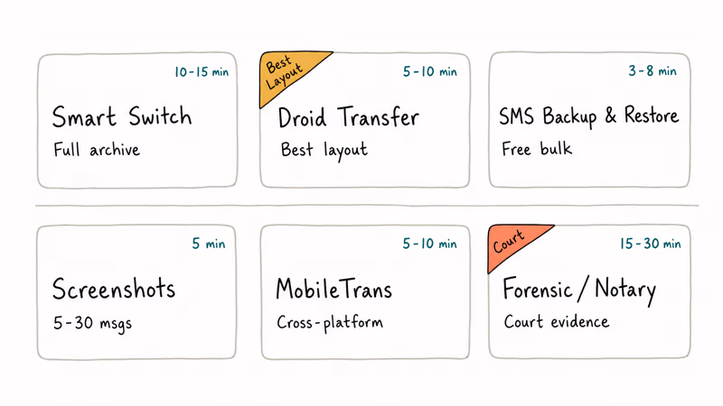 Decision matrix comparing six Samsung SMS print methods by time cost and use case