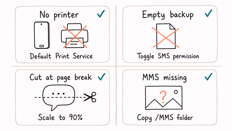 Four-card troubleshooting grid for Samsung SMS printing covering printer permissions and page breaks