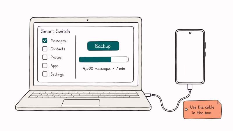 Samsung Smart Switch backup window with only Messages selected and progress bar running