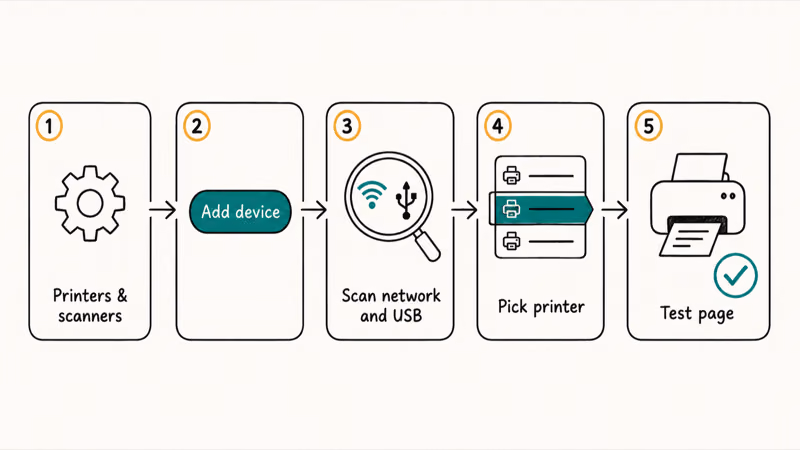 Hand-drawn five-step flow for adding a printer with the built-in IPP driver in Windows Settings