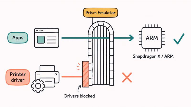 Hand-drawn diagram showing Prism emulator passing apps but blocking x64 printer drivers on Snapdragon X