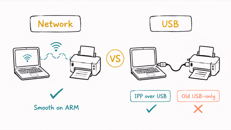 Hand-drawn comparison of network Wi-Fi printing versus USB printing reliability on Windows on ARM