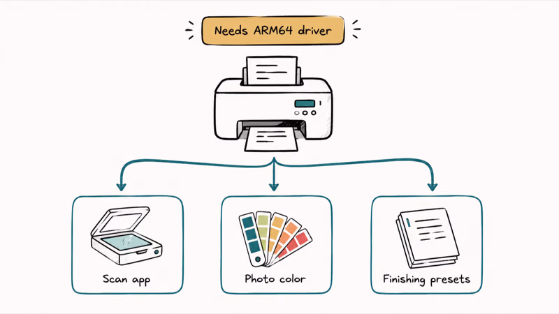 Hand-drawn diagram of three cases needing a vendor ARM64 printer driver on Snapdragon X