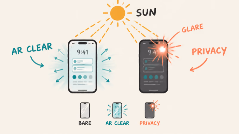 Sun glare on privacy glass versus an anti-reflective clear pane