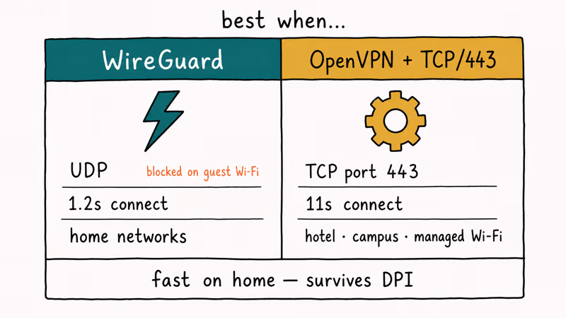 Side-by-side comparison of WireGuard fast UDP tunnel versus OpenVPN TCP port 443 on hotel networks