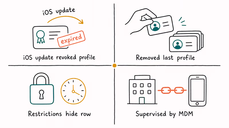 Four-panel grid showing iOS update, profile removal, restrictions, and MDM supervision causes.