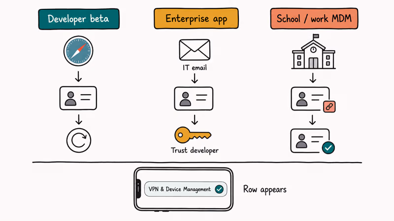 Three lanes showing developer beta, enterprise app, and MDM enrollment reinstall paths.