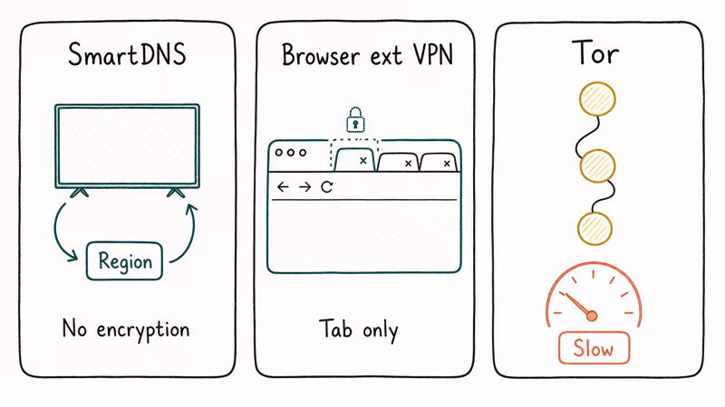 Three-column comparison of SmartDNS, browser extension VPN, and Tor relay network