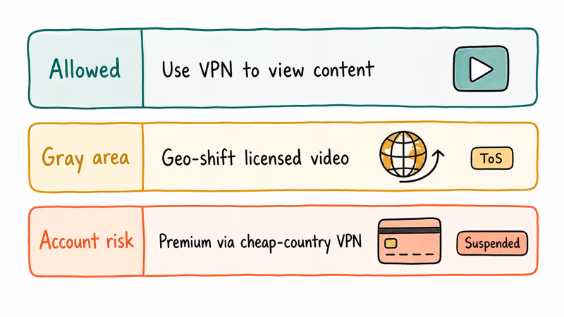 Hand drawn traffic light framework comparing legal, gray area, and account terminating YouTube VPN actions